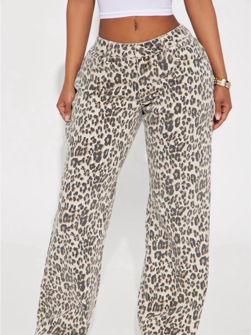 Fashion Nova Leopard Print Wide Leg Pants - White Tan